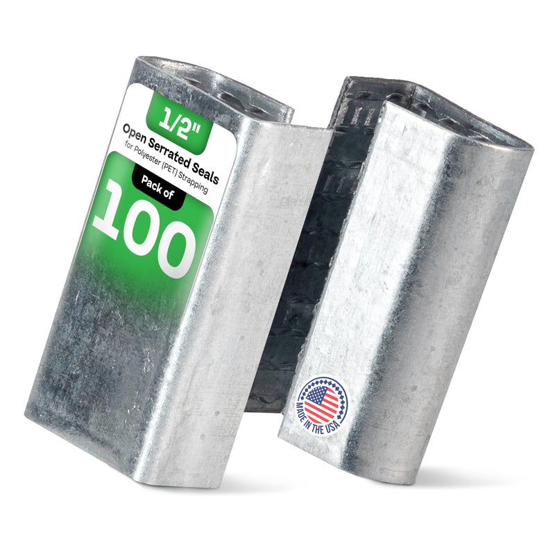 IDL Packaging Open Serrated Seals of 1.25" Length for 1/2" Strap Width Polyester (PET) Strapping (Pack of 100) - Increased Load Securement Due to Serrated Design of Strapping Clips - Image 1